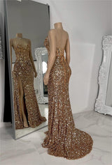 Showprettydess Exquisite Champagne Sequined Spaghetti Strap Sleeveless Prom Dress with Split-showprettydress