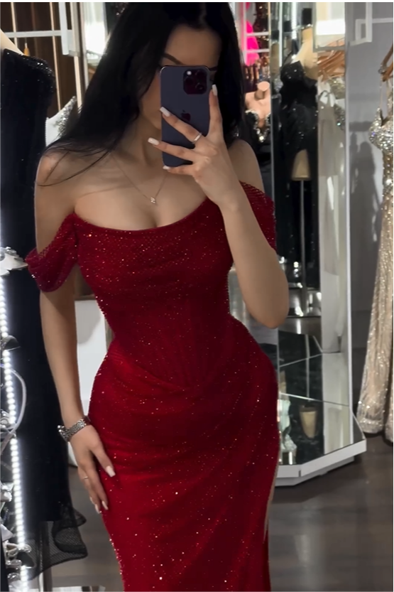 Showprettydess Exquisite Red Sequined Strapless Off-the-Shoulder Mermaid Prom Dress with Split-showprettydress