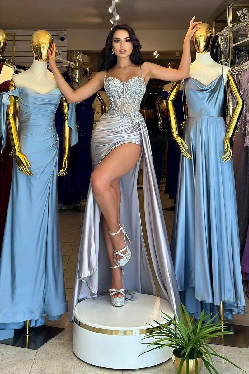 Showprettydess Exquisite Stain Spaghetti Strap Sleeveless Pleated Long Split Prom Dress with Embroidery-showprettydress