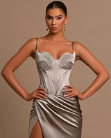 Showprettydess Fashionable Silver Spaghetti-Straps Mermaid Prom Dress with Split-showprettydress