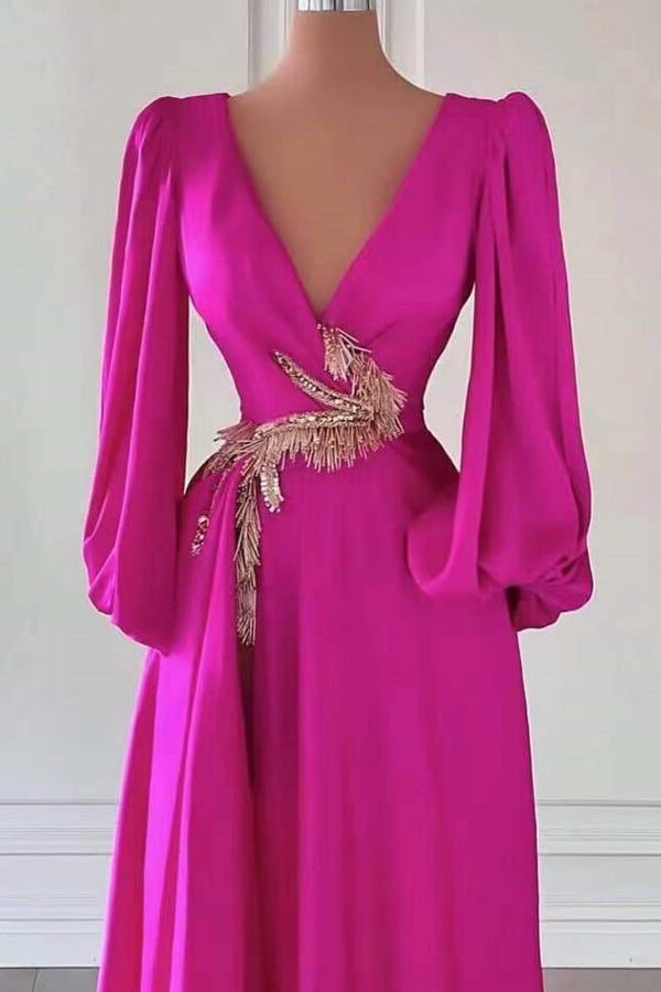 Showprettydess Fuchsia Dark V-Neck A-Line Long Sleeves Prom Dress with Embellishment-showprettydress