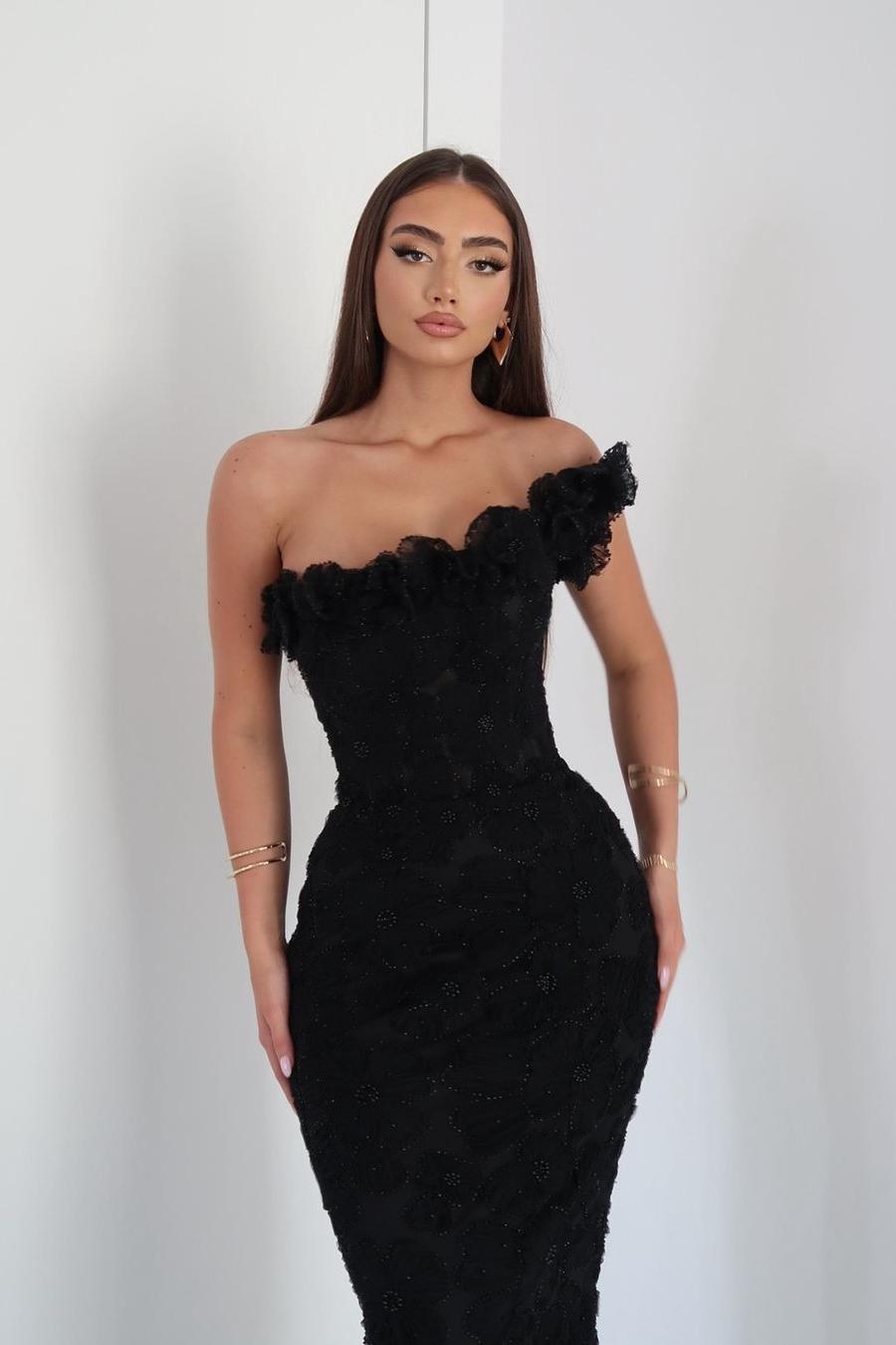 Showprettydess Glamorous Black Applique One-Shoulder Sleeveless Mermaid Prom Dress with Beadings & Ruffles-showprettydress