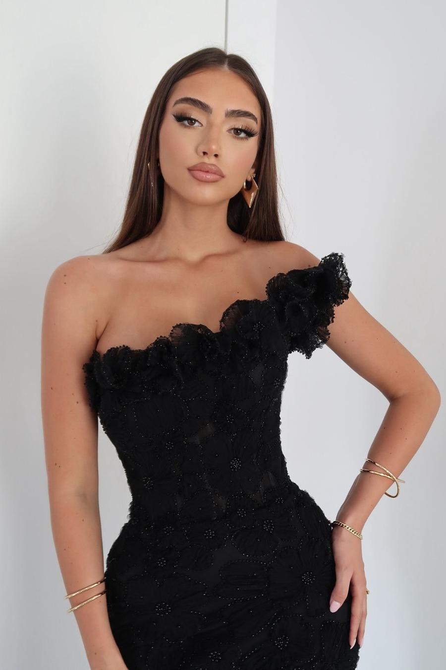 Showprettydess Glamorous Black Applique One-Shoulder Sleeveless Mermaid Prom Dress with Beadings & Ruffles-showprettydress