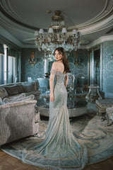 Showprettydess Glamorous Blue Sequined Off-the-Shoulder Long Mermaid Prom Dress with Beadings-showprettydress