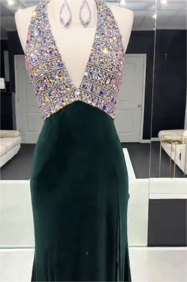 Showprettydess Glamorous Dark Green Halter Sleeveless Split Mermaid Prom Dress with Beadings-showprettydress