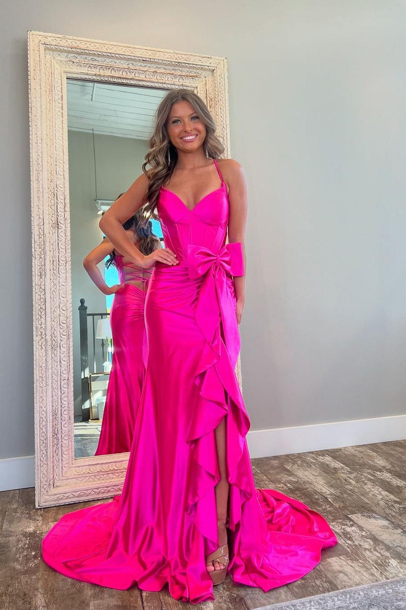 Showprettydess Glamorous Fuchsia Satin Spaghetti Strap Sleeveless Long Prom Dress with Bow-showprettydress