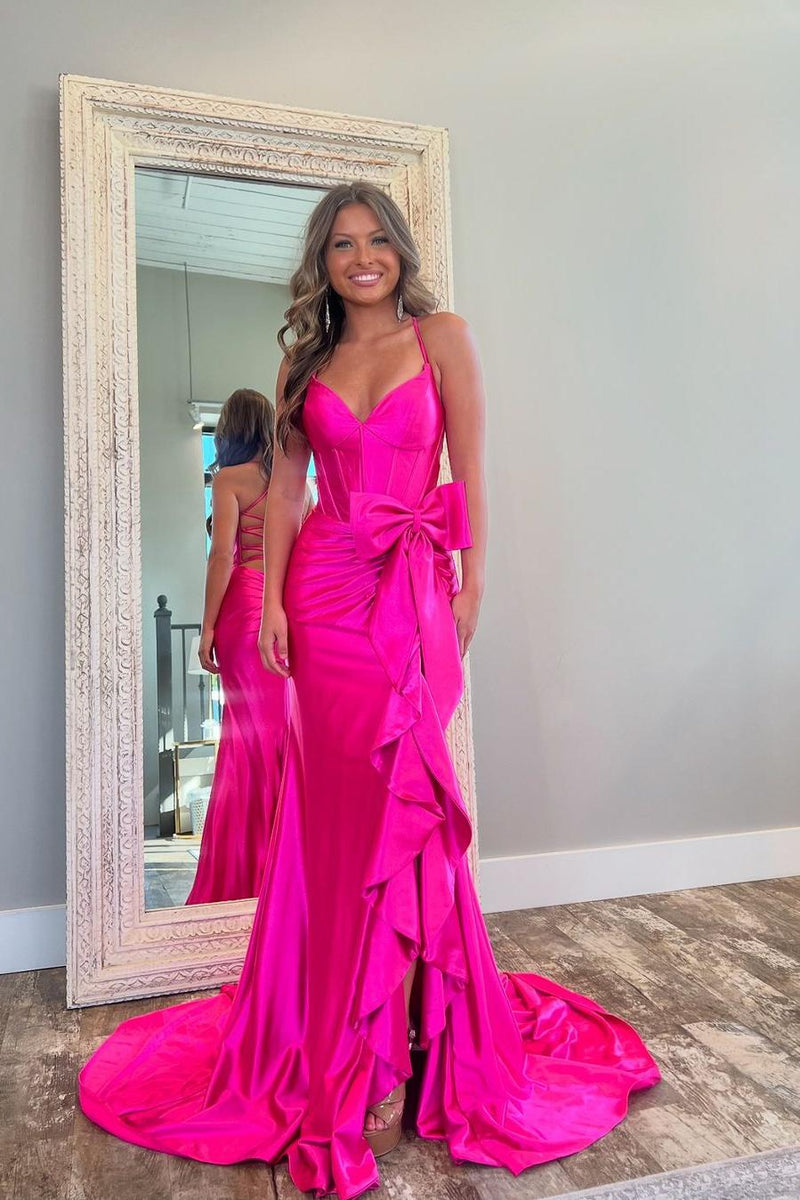 Showprettydess Glamorous Fuchsia Satin Spaghetti Strap Sleeveless Long Prom Dress with Bow-showprettydress