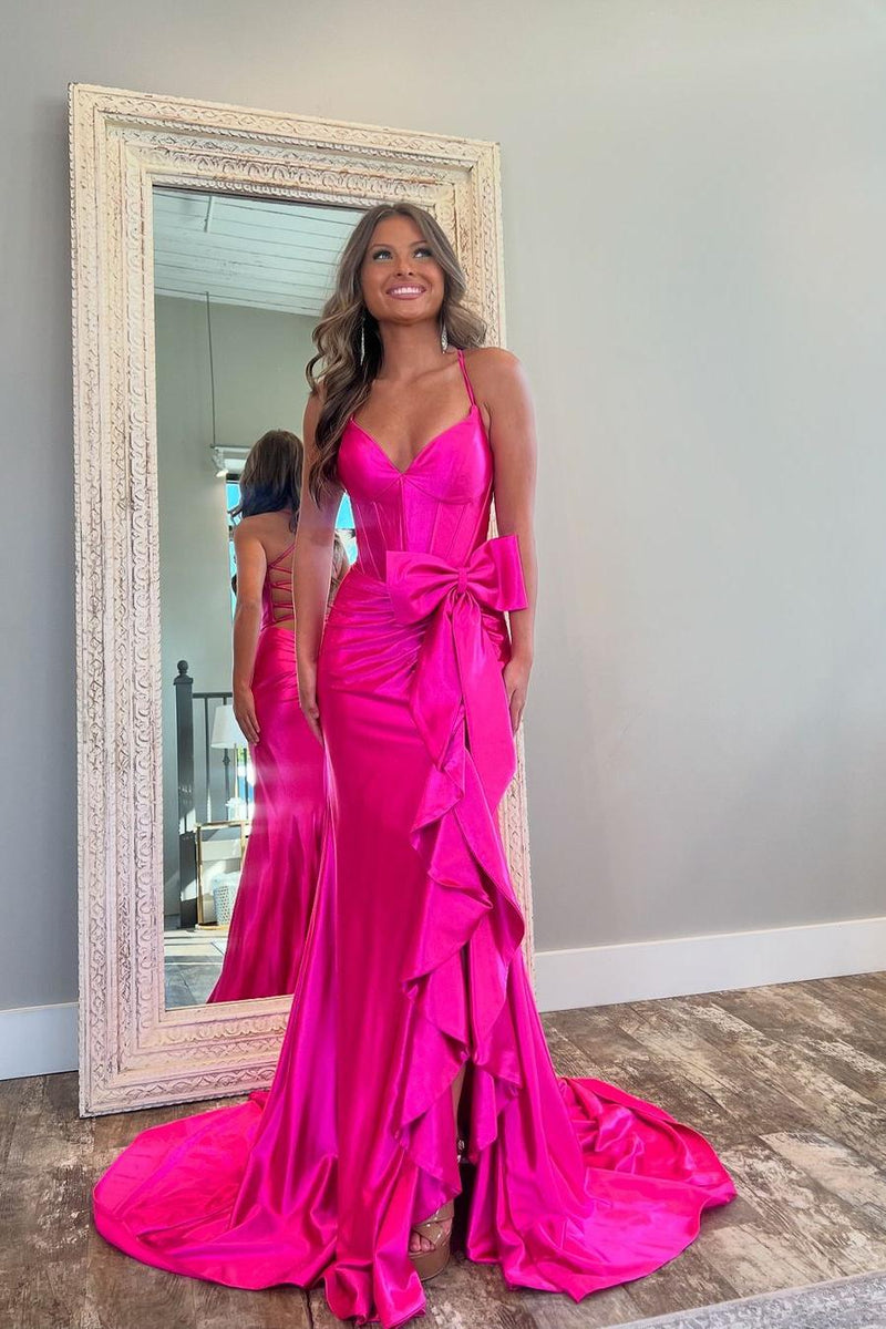 Showprettydess Glamorous Fuchsia Satin Spaghetti Strap Sleeveless Long Prom Dress with Bow-showprettydress