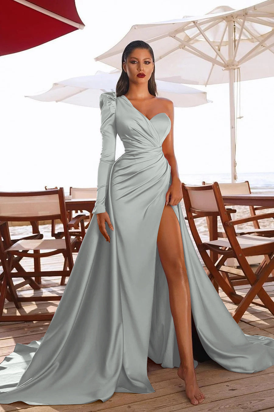 Showprettydess Glamorous One-Shoulder Long Sleeve Prom Dress with Split-showprettydress