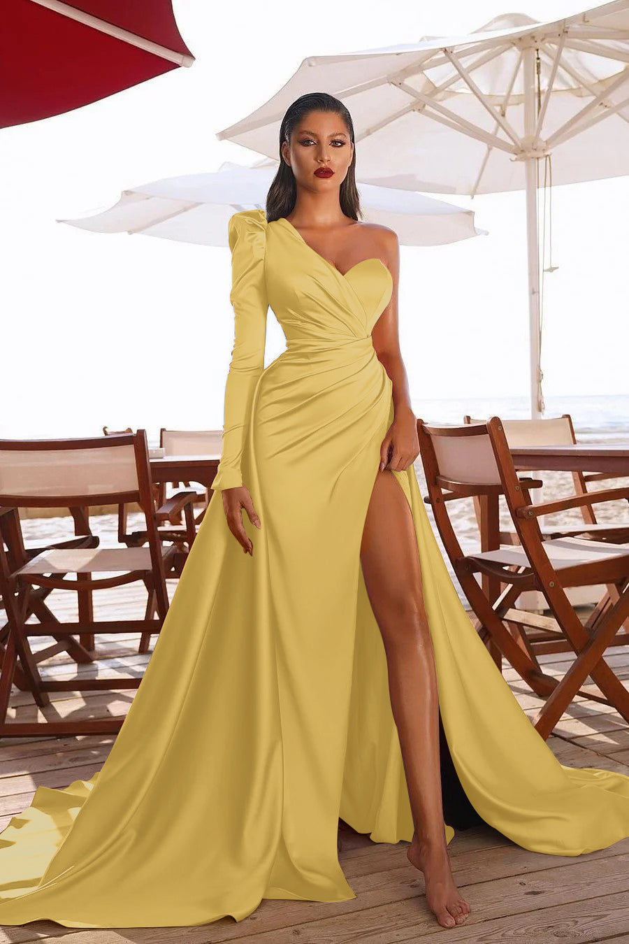 Showprettydess Glamorous One-Shoulder Long Sleeve Prom Dress with Split-showprettydress