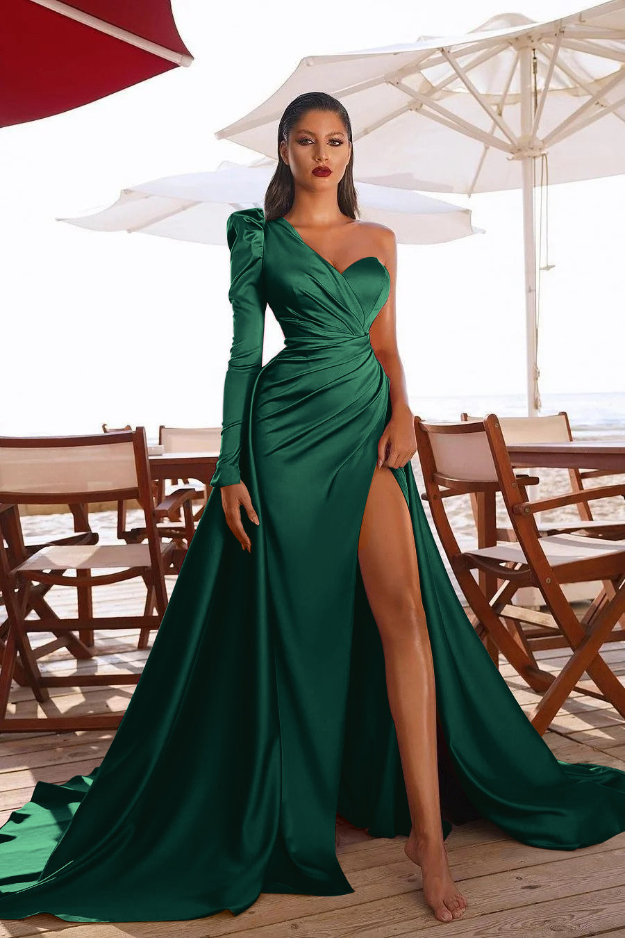Showprettydess Glamorous One-Shoulder Long Sleeve Prom Dress with Split-showprettydress