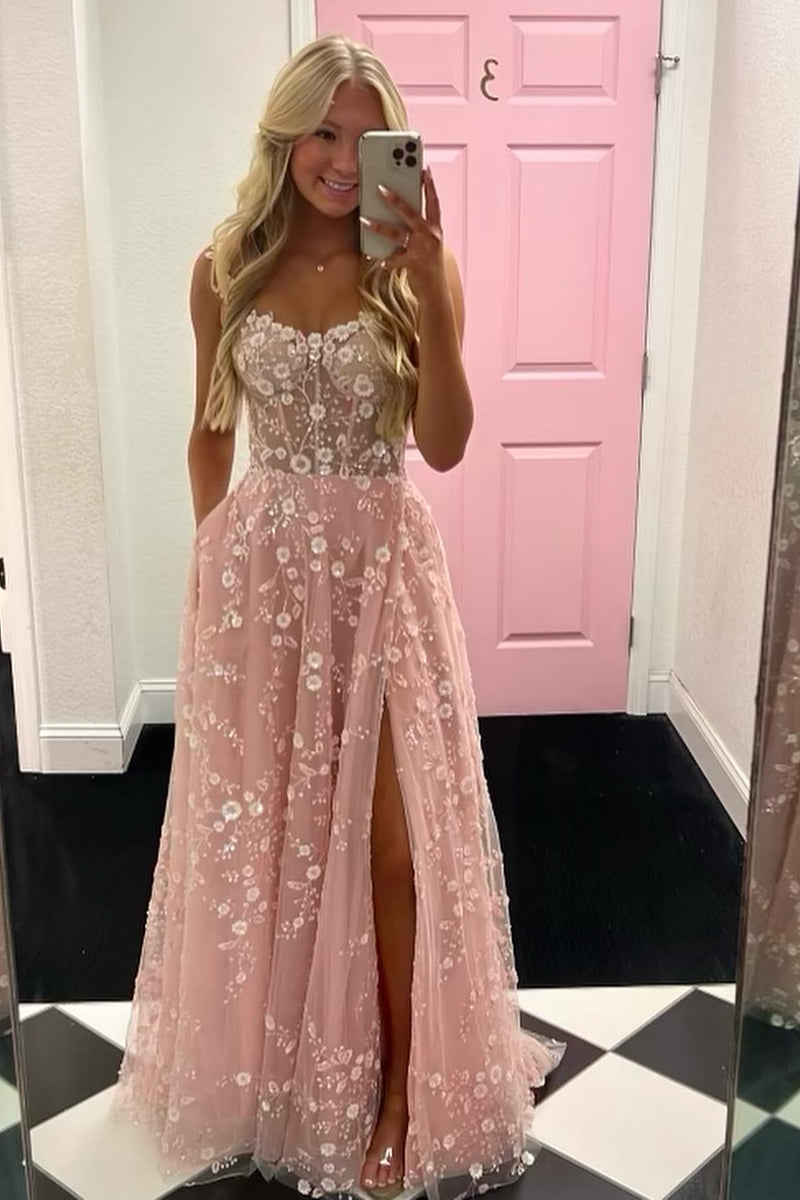Showprettydess Glamorous Pink Spaghetti Strap Embroidered Sleeveless Prom Dress-showprettydress
