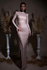 Showprettydess Glamorous Red Sequined Long Sleeves High Neck Slim Long Prom Dress with Split-showprettydress