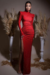 Showprettydess Glamorous Red Sequined Long Sleeves High Neck Slim Long Prom Dress with Split-showprettydress