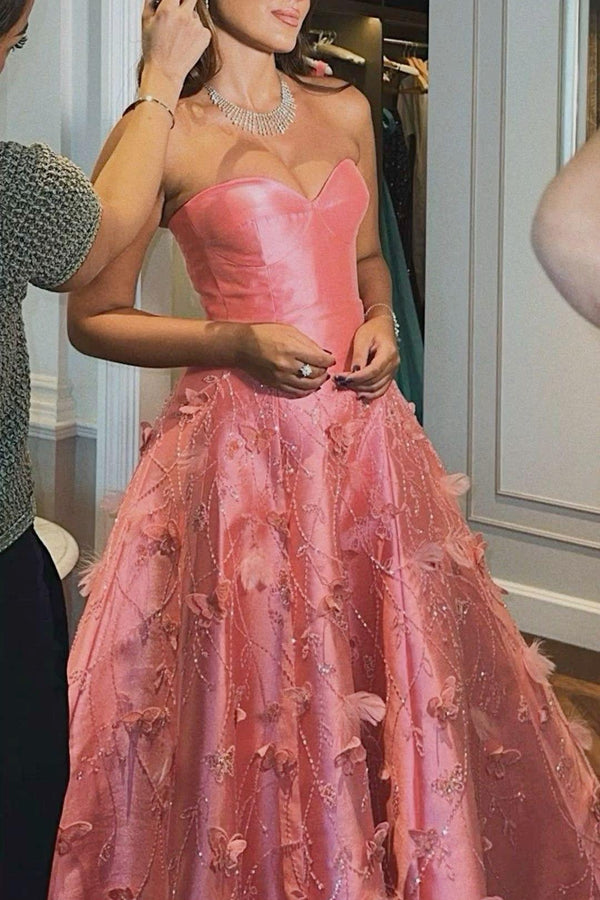 Showprettydess Glamorous Satin Sleeveless Strapless Appliqué Prom Dress with Sequins-showprettydress