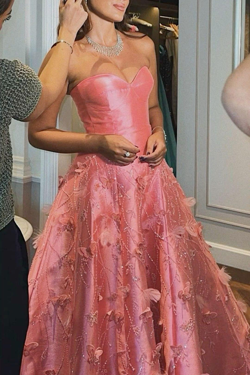 Showprettydess Glamorous Satin Sleeveless Strapless Appliqué Prom Dress with Sequins-showprettydress