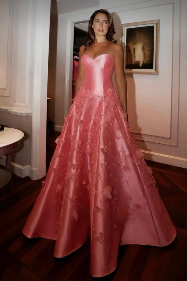 Showprettydess Glamorous Satin Sleeveless Strapless Appliqué Prom Dress with Sequins-showprettydress