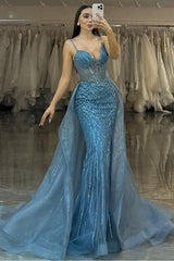Showprettydess Glamorous Sequined Dusty Blue Spaghetti Strap Sleeveless Sweetheart Mermaid Prom Dress-showprettydress
