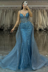 Showprettydess Glamorous Sequined Dusty Blue Spaghetti Strap Sleeveless Sweetheart Mermaid Prom Dress-showprettydress