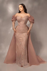 Showprettydess Glamorous Sequined Off-the-Shoulder Long Sleeves Mermaid Prom Dress with Pleated Detail-showprettydress