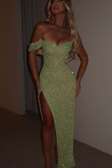 Showprettydess Glamorous Sequined One-Shoulder Spaghetti Strap Long Pleated Prom Dress with Split-showprettydress
