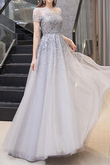 Showprettydess Gorgeous Long Prom Dress with Short Sleeves & Sequins-showprettydress