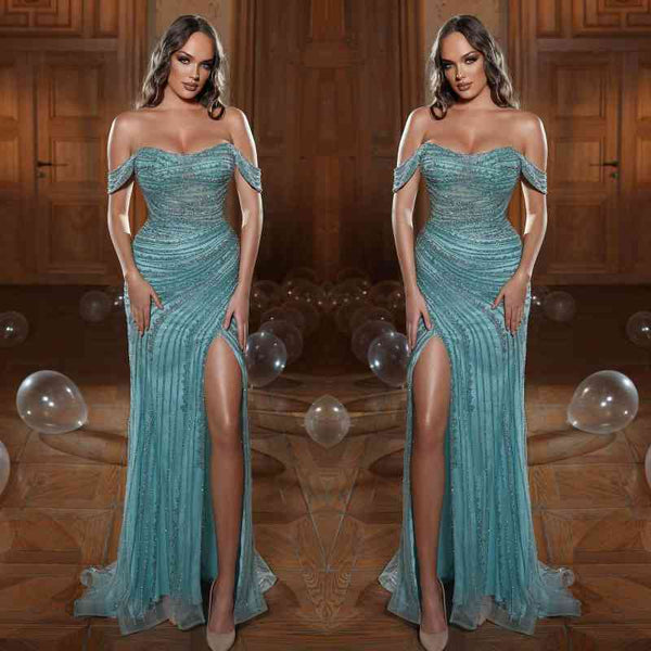 Showprettydess Gorgeous Off-the-Shoulder Mermaid Split Prom Dress with Appliques-showprettydress