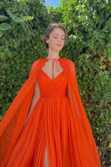 Showprettydess Gorgeous Orange Long A-Line Tulle Side Split Prom Dress with Cape-showprettydress
