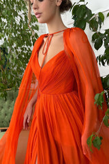 Showprettydess Gorgeous Orange Long A-Line Tulle Side Split Prom Dress with Cape-showprettydress