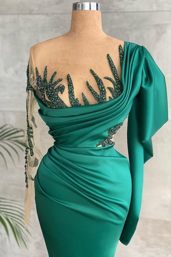 Showprettydess Green Long Sleeves Mermaid Prom Dress with Appliqués-showprettydress