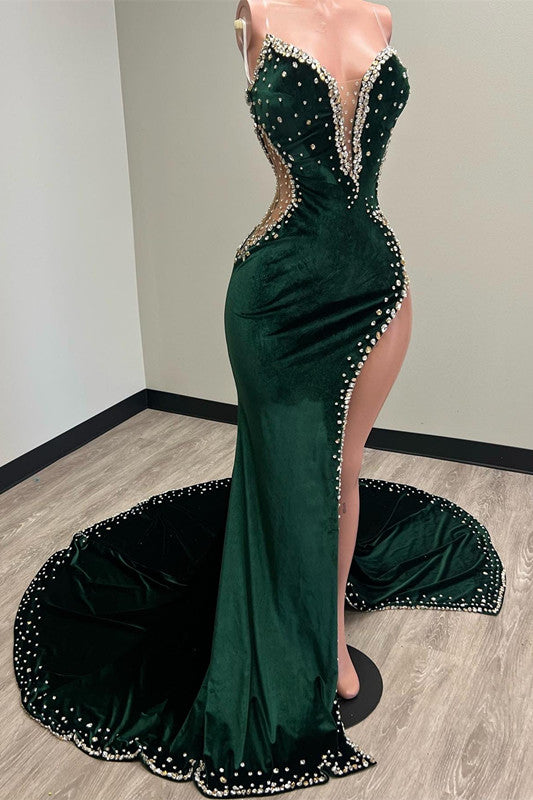 Showprettydess Green V-Neck Mermaid Prom Dress with Appliques, Waist-Skimming Beadings & Split-showprettydress