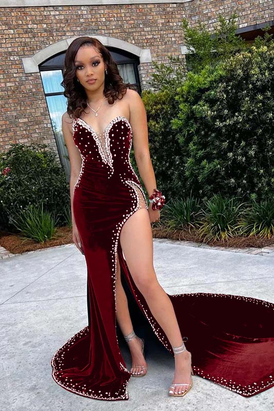 Showprettydess Green V-Neck Mermaid Prom Dress with Appliques, Waist-Skimming Beadings & Split-showprettydress