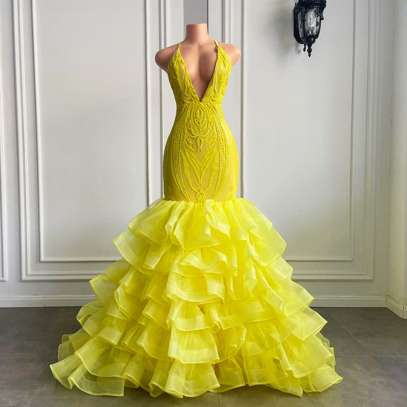 Showprettydess Halter Bright Yellow V-Neck Mermaid Lace Prom Dress with Ruffles-showprettydress
