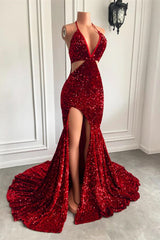 Showprettydess Halter Wine Red Sequined Mermaid Prom Dress with Split-showprettydress