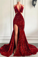 Showprettydess Halter Wine Red Sequined Mermaid Prom Dress with Split-showprettydress