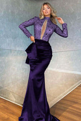 Showprettydess High Collar Long Sleeve Mermaid Prom Dress with Beadings-showprettydress