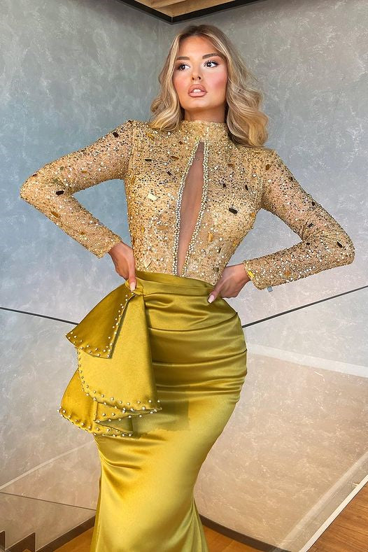 Showprettydess High Collar Long Sleeve Mermaid Prom Dress with Beadings-showprettydress