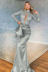 Showprettydess High Collar Long Sleeve Mermaid Prom Dress with Beadings-showprettydress