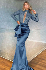 Showprettydess High Collar Long Sleeve Mermaid Prom Dress with Beadings-showprettydress