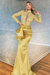Showprettydess High Collar Long Sleeve Mermaid Prom Dress with Beadings-showprettydress