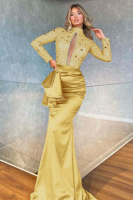 Showprettydess High Collar Long Sleeve Mermaid Prom Dress with Beadings-showprettydress