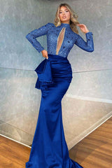 Showprettydess High Collar Long Sleeve Mermaid Prom Dress with Beadings-showprettydress