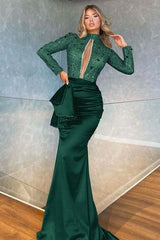 Showprettydess High Collar Long Sleeve Mermaid Prom Dress with Beadings-showprettydress
