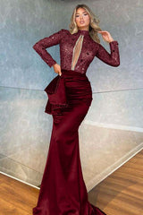 Showprettydess High Collar Long Sleeve Mermaid Prom Dress with Beadings-showprettydress