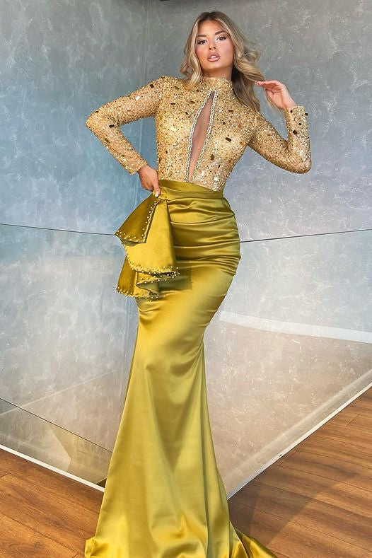 Showprettydess High Collar Long Sleeve Mermaid Prom Dress with Beadings-showprettydress