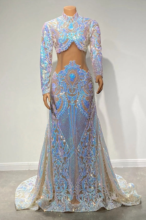 Showprettydess High Neck Mermaid Long Sleeves Prom Dress with Sequins & Lace-showprettydress