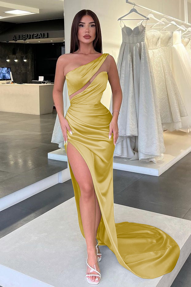 Showprettydess Light Green One-Shoulder Long Sleeveless Slit Evening Dress-showprettydress