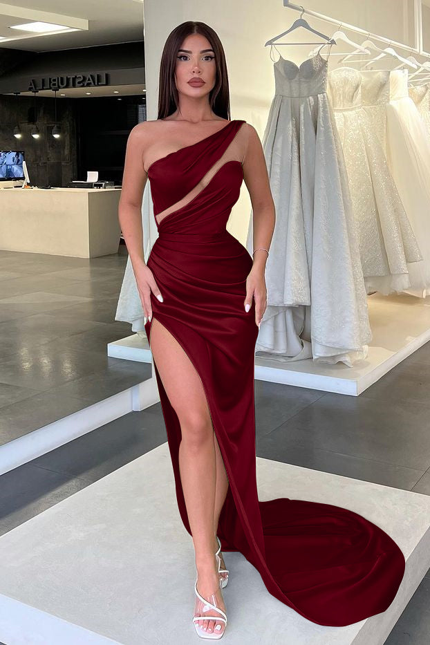 Showprettydess Light Green One-Shoulder Long Sleeveless Slit Evening Dress-showprettydress