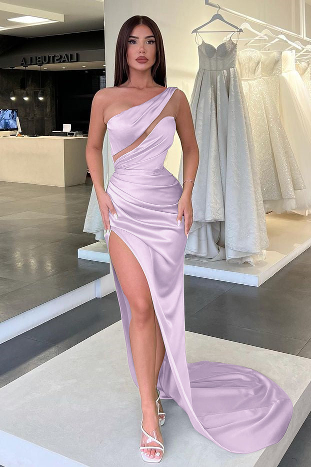 Showprettydess Light Green One-Shoulder Long Sleeveless Slit Evening Dress-showprettydress