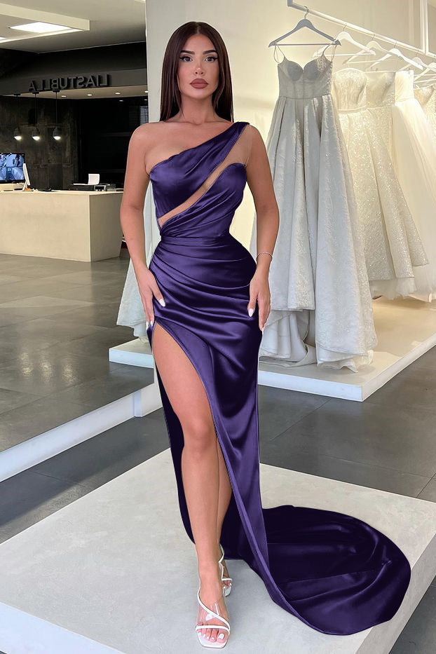 Showprettydess Light Green One-Shoulder Long Sleeveless Slit Evening Dress-showprettydress